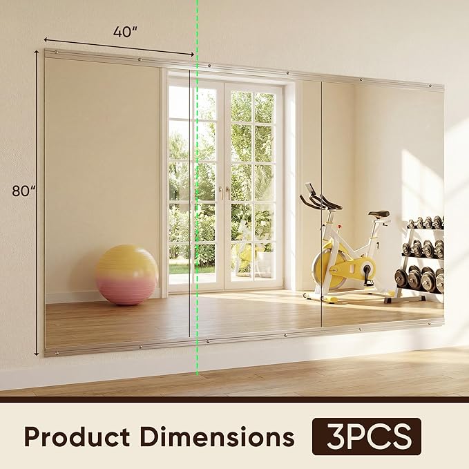 Antok Home Gym Mirror 80"x40" 3PCS, Large Full Length Wall Mounted Mirrors, Frameless Tempered Glass Full Body Mirror for Gym Yoga Dance Studio Garage Bedroom & Bathroom