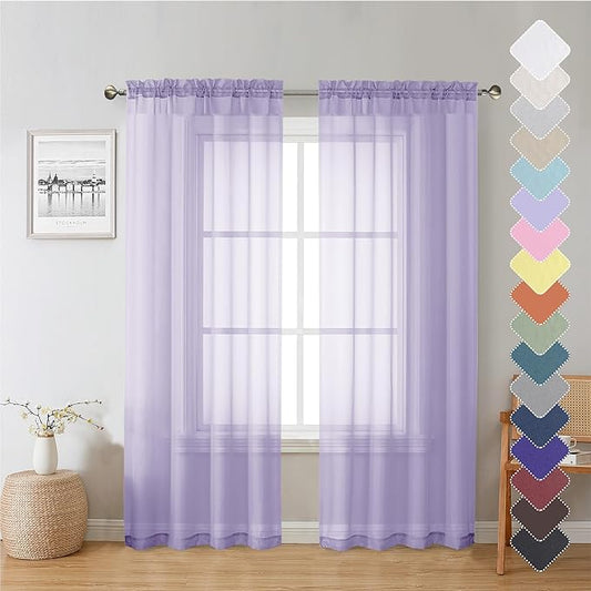 Lecloud 72 Inch Light Purple Sheer Curtains & Panels Set of 2, Airy & Breathable Solid Voile Lavender Curtain for Girls Bedroom, Gauzy Window French Door Living Room Drapes with Rod Pockets, 40W x 72L