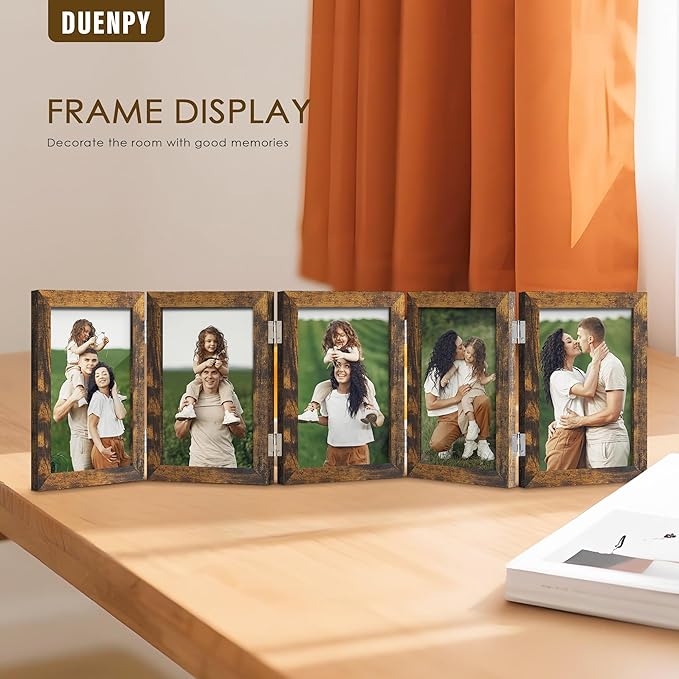 5 Folding 4x6 Picture Frame Horizontal Engineered Wood Accordion Photo Frame with Plexiglass Tabletop Bookshelf Display Brown