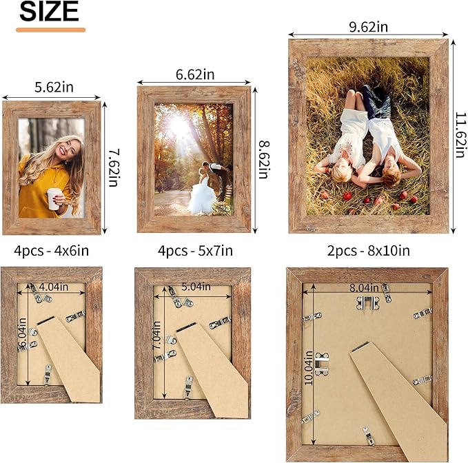 iRahmen Collage Picture Frames Set of 10, Wall Decor for Mounting or Tabletop Display, Family Photo Gallery Frame Set - Multi Sizes Including Two 8x10, Four 5x7, Four 4x6, HD Glass, Rustic Wood
