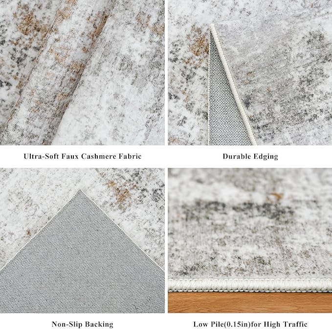 3x7 Washable Non-Slip Kitchen Runner Rug – Modern Abstract Neutral Beige & Gray Carpet for Hallway, Entryway, Bedroom, Laundry Room – Low-Pile Thin Wide Floor Runner with Rubber Backing