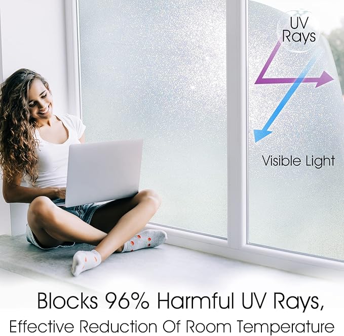 KESPEN Frosted Window Privacy Film Heat Control UV Sun Blocking Glass Stickers Static Cling Non Adhesive Door Coverings Decals for Bathroom Home Office, Sparkling, 35.4 Inch X 6.5 Feet