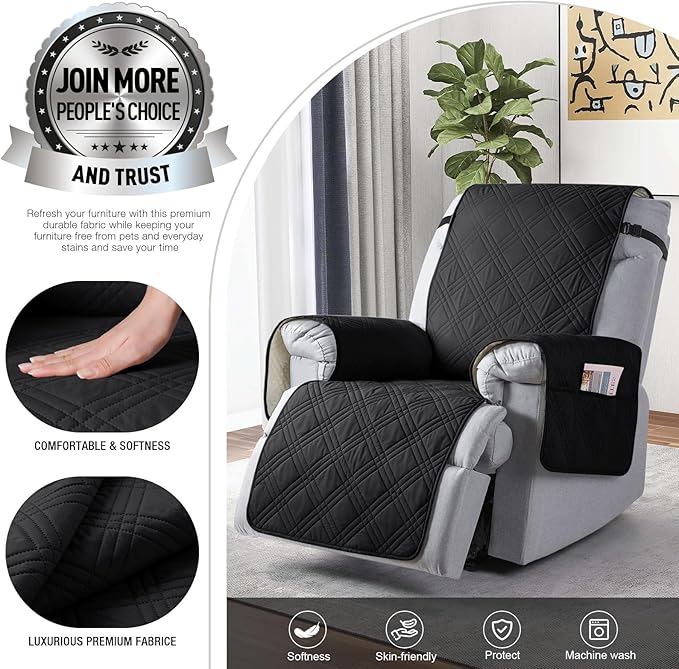 TAOCOCO 100% Waterproof Recliner Chair Cover, Oversized Recliner Covers for Large Recliner Chair with Double Straps, Non Slip Reclining Chair Cover for Kids, Pets(28'', Black)