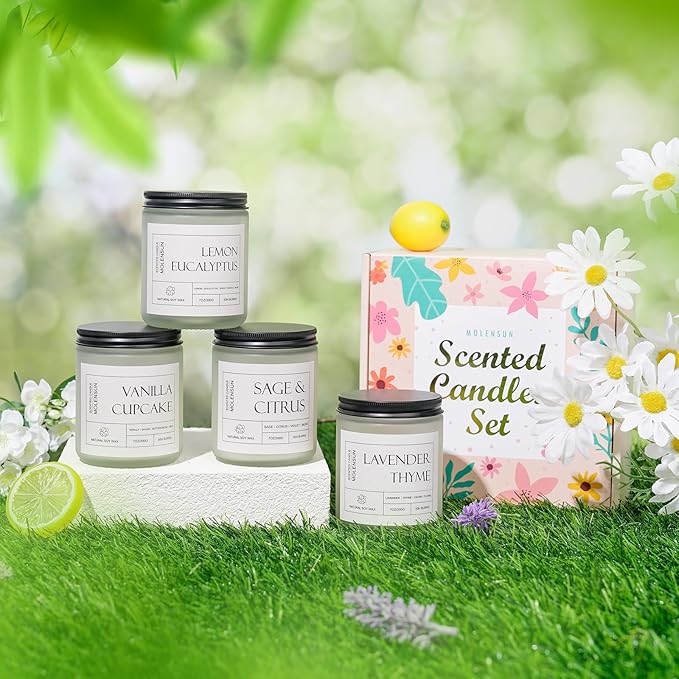 4 Pack Candles for Home Scented, 28 oz Long Lasting Candles, Soy Candle Set Gift for Women - Lavender Thyme/Lemon Eucalyptus/Sage &Citrus/Vanilla Cupcake