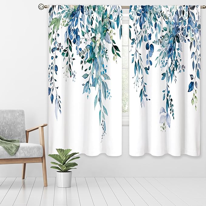 Teal Eucalyptus Botanical Leaves Floral Window Curtains Blue Watercolor Turquoise Flower Plant Wildflower Farmhouse Curtain Drapes Herb Curtains for Bedroom Living Room Treatment 42Wx63H Inch