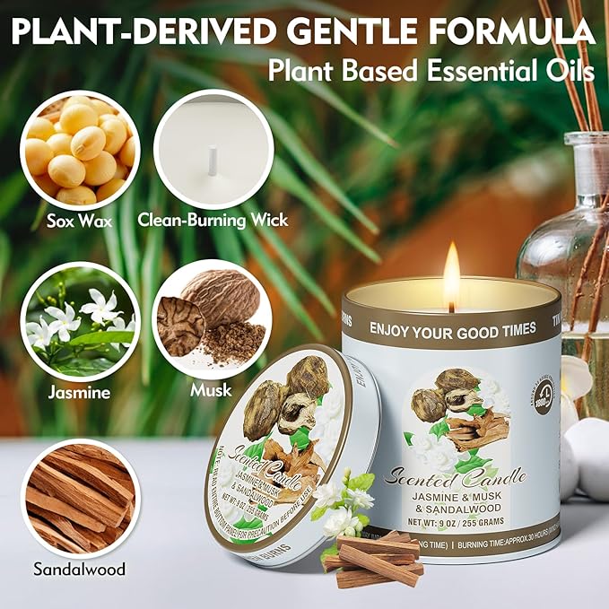 2 Pack Scented Candles (90 Total Burn Hours) - Soy Wax Candles 9 oz Each in Tin - Long Lasting Aromatherapy Candle Gift Set (Jasmine Musk Sandalwood)