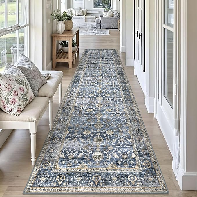 KUTA Vintage Washable Runner Rug, 2.6x10 Blue Grey Beige Runners for Hallways Non-Slip Kitchen Rugs Ultra Thin Soft Printed Distressed Oriental Floral Floor Carpet for Laundry Living Room Nursery