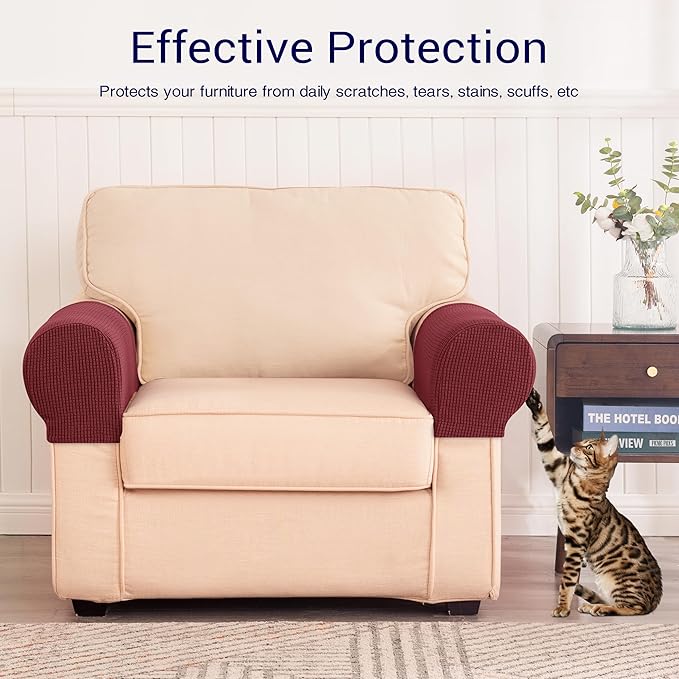 SUBRTEX Stretch Couch Arm Covers Set of 2, Checkered Sofa Arm Slipcovers, Anti-Slip Armrest Covers for Recliner and Armchairs, Pet Proof, High Stretchy, Hook & Loop Tape, Wine