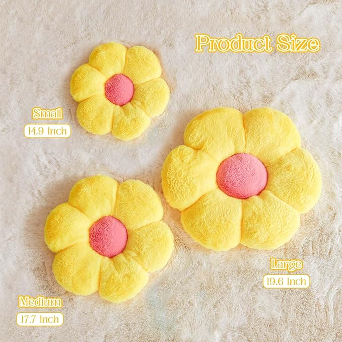 Kcvvcr Flower Pillow Cute Decorative Throw Pillow with Faux Rabbit Fur Soft Daisy Plush Floor Cushion Aesthetic Flower Shaped Pillow Home Decor for Bed Sofa Couch (Yellow 14.9 Inch)