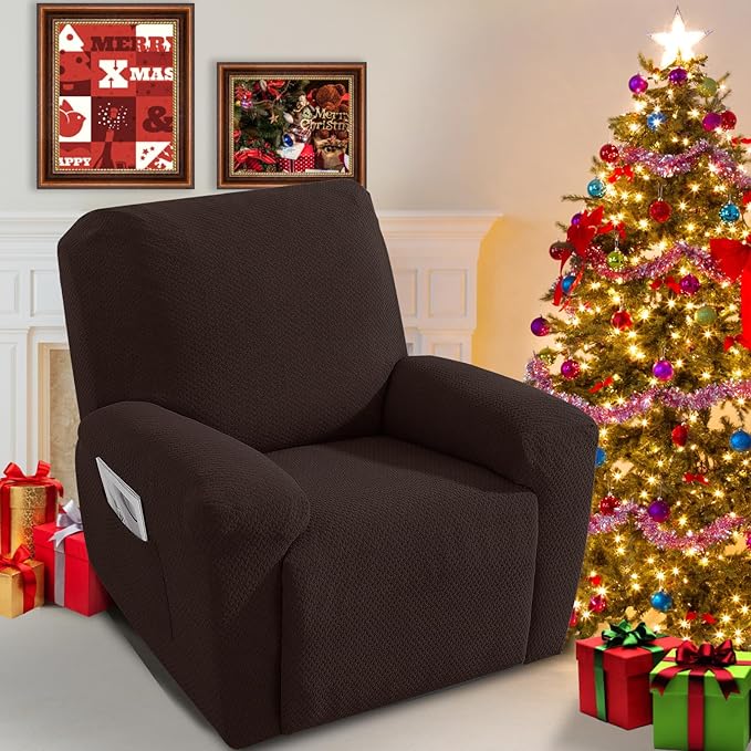 JIVINER 4-Piece Recliner Chair Covers Stretch Jacquard Chair Covers for Reclining Chair Recliner Slipcovers for Living Room Soft Recliner Protector with Pocket (Recliner,Dark Coffee)