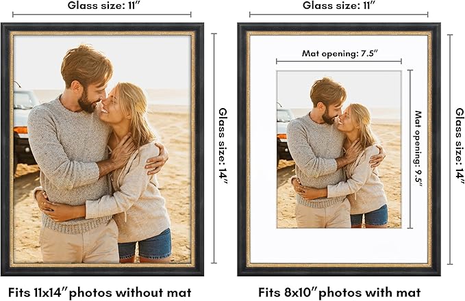 Americanflat Vintage Frames - 11x14 Picture Frame with Beaded Accents and Shatter-Resistant Glass - Use as 8x10 Frame or Display 11x14 Photos Without Mat - Heirloom Collection - Black Gold