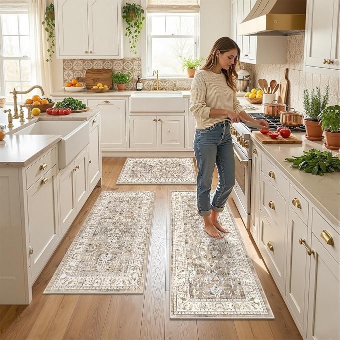 LOKHOM Washable Kitchen Rugs Sets of 3, Non Slip Floral Kitchen Mats for Floor with Rubber Backing, Boho Carpet Runner for Hallways Entryway Laundry Sink (2x3+2x4+2x5, Beige Brown)