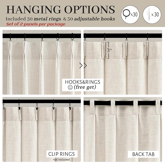 100 Inch Extra Wide Linen Sheer Curtains 84 Inch Long 2 Panels Set for Living Room, Pinch Pleated Light Filtering Farmhouse Nursery Room Curtain 100 x 84 Large Window Track System Semi Through Drapes