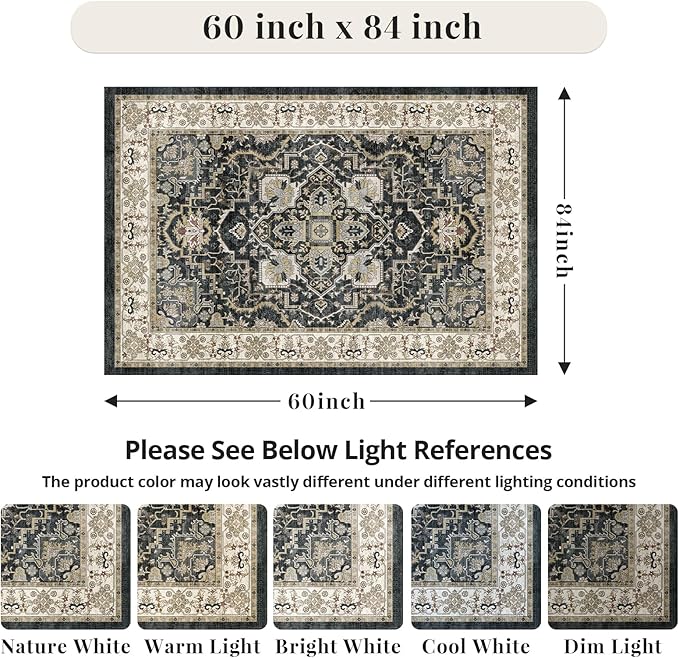 Black 5x7 Washable Area Rug, Non-Slip Soft Ultra-Thin Polyester Carpet with Vintage Stain Resistant Indoor Rug for Living Room, Bedroom, Dining Room, Nursery Oeko-TEX - Black