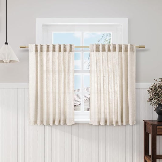 Beige Kitchen Cafe Curtains 45 Inch Length 2 Panel Set Back Tab Pocket Semi Sheer Light Filtering Short Curtain Natural Farmhosue Small Curtains for Basement Window Bathroom Living Room 52x45