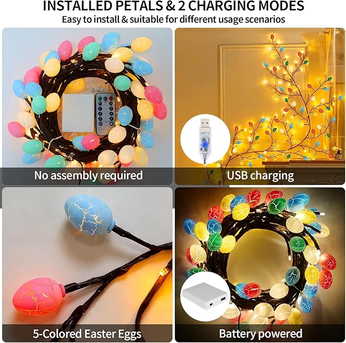 FNHMSL Easter Egg Enchanted Willow Vine Lights, 4FT 48LED 4 Color Easter Egg Tree Branch Lights for Wall, Remote Timer,8 Light Model,Bedroom Wall Doors Wedding, Christmas, USB Battery Box