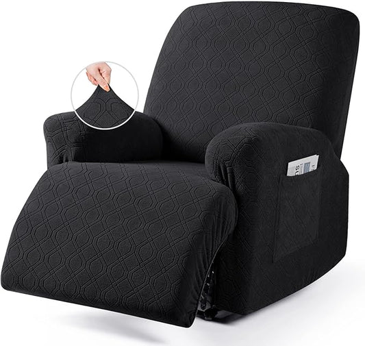 VANSOFY Oversized Recliner Chair Cover, 4-Pieces Stretch Recliner Covers for Recliner Chair Soft Reclining Chair Slipcover Jacquard Pattern Furniture Protector for Dogs Cats(Black)