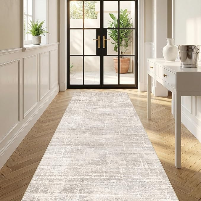 3x6 Washable Kitchen Runner Rug - Modern Abstract Neutral Carpet with Non-Slip Backing Low-Pile Stain-Resistant Thin Runners for Hallway Bathroom Bedroom Entryway (3x6, Beige)