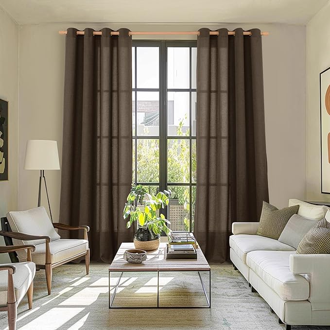 YoungsTex Brown Curtains 84 Inch Length for Living Room, Dark Chocolate Linen Semi Sheer Drapes with Bronze Grommet Light Filtering for Bedroom Window, 2 Panels 52 x 84 Inch