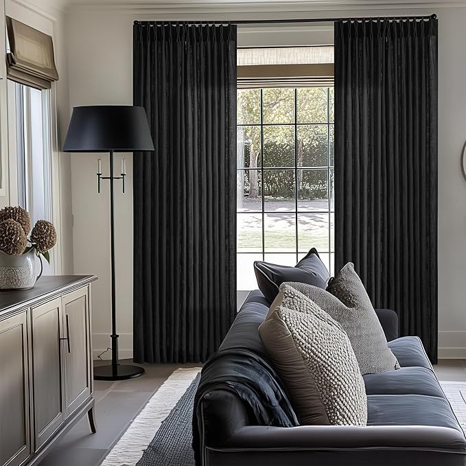 TWODRAPES Black Linen Semi Sheer Curtains 90 Inches Long for Living Room Bedroom Light Filtering Black Textured Burlap Pinch Pleated Curtains 90 Length Hooks Rings Back Tab for Sliding Door 2 Panels