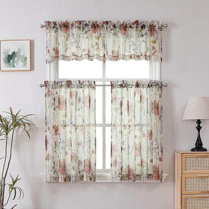 OWENIE Crushed Sheer Cafe Curtains Kitchen Tiers 30 Inch Length 2 Panels, Printed Design Small Window Half Curtains for Bathroom Bedroom Cupboard Living Room, Short Light Filtering Curtain, 42"x30"
