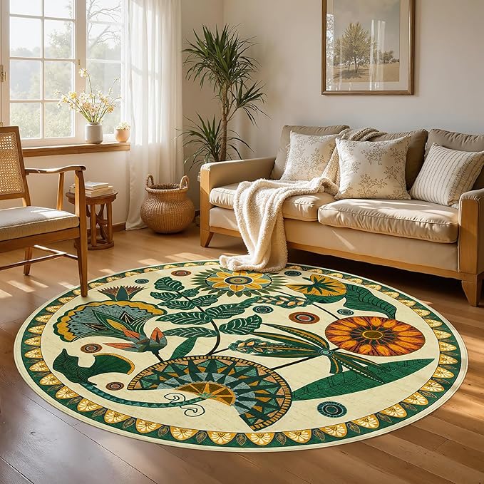 Joydeco Egypt Floral Boho Round Rugs 6FT, Washable Circle Area Rug for Bedroom Living Room Playroom, Vintage Beige Non Slip Circular Throw Carpet for Nursery Dorm Classroom Dining Room