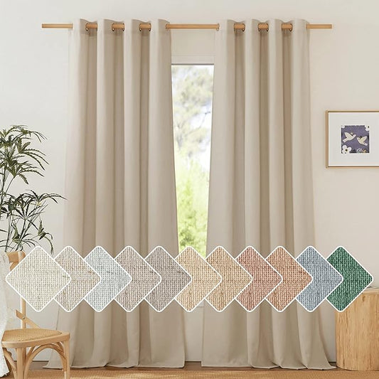 NICETOWN Thick Flax Linen Curtains for Living Room, Rustic Grommet Semi Sheer Privacy Assured Linen Blend Drapes with Light Filtering for Living Room/Bedroom, Angora, W55 x L96, 1 Pair