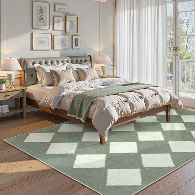 Lahome Zelie Checkered Washable 5x7 Rugs for Living Room Green Rug for Bedroom, Soft Dining Room Rugs for Under Table, Diamond Trellis Throw Carpet for Entryway Dorm Kids Playroom (5'x7',Green)
