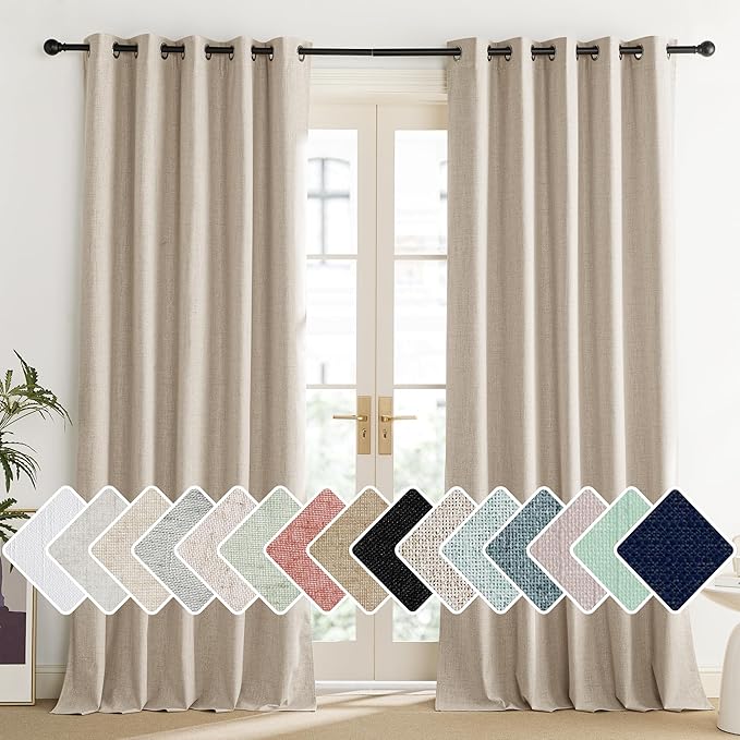 NICETOWN Cream 100% Blackout Linen Curtains 90 inch Long Burg for Living Room, 1 Pair, 62" Width Each Panel, Farmhouse Thick Completely Blackout Window Treatment Thermal Insulated Drapes