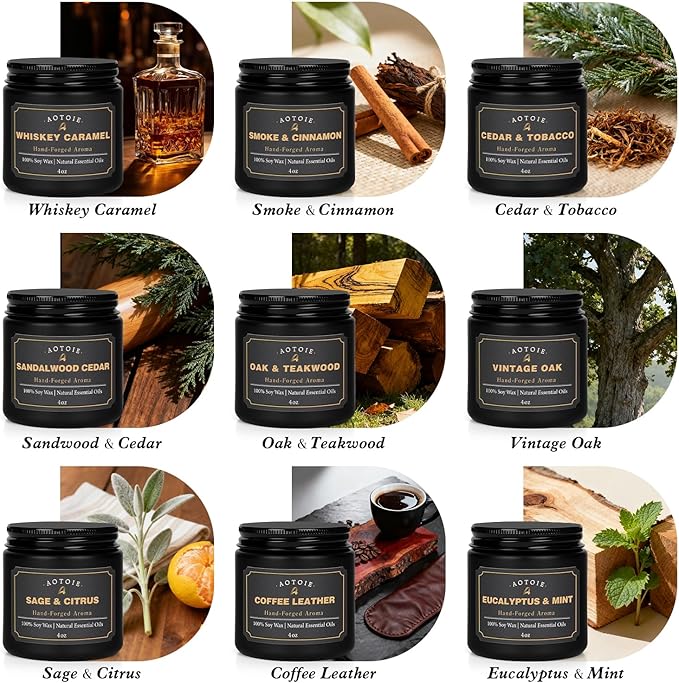 Mens Scented Candle Gift Set, 9 Pack Candles for Men, 36 oz Soy Candle, 200+ Hours Burn Time, Aromatherapy Gifts for Dad, Boyfriend, Husband for Christmas, Valentines Day, Father’s Day, Birthday