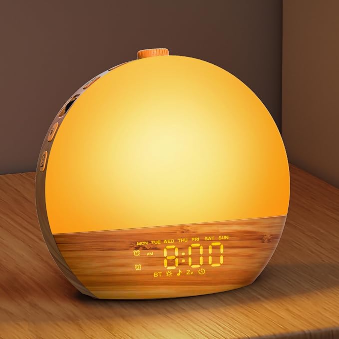 Geuuap Sunrise Alarm Clock, Noise Sound Machine Night Light, Wood Grain | 25 Soothing Sounds, 17 Dimmable lights, Dual Independent Alarms, Unlimited Snooze, Bluetooth Speaker, Backup Battery Memory by Geuuap