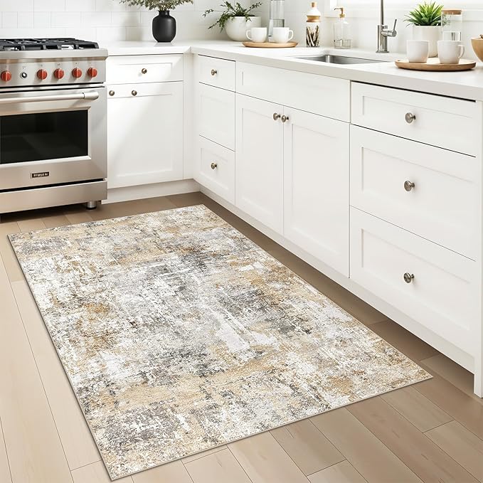 3x4 Modern Entryway Area Rug - Machine Washable Non-Skid Low Pile Indoor Mat for Bathroom,Living Room, Bedroom - Abstract Neutral Small Throw Soft Carpet with Rubber Backing (Gold Grey)