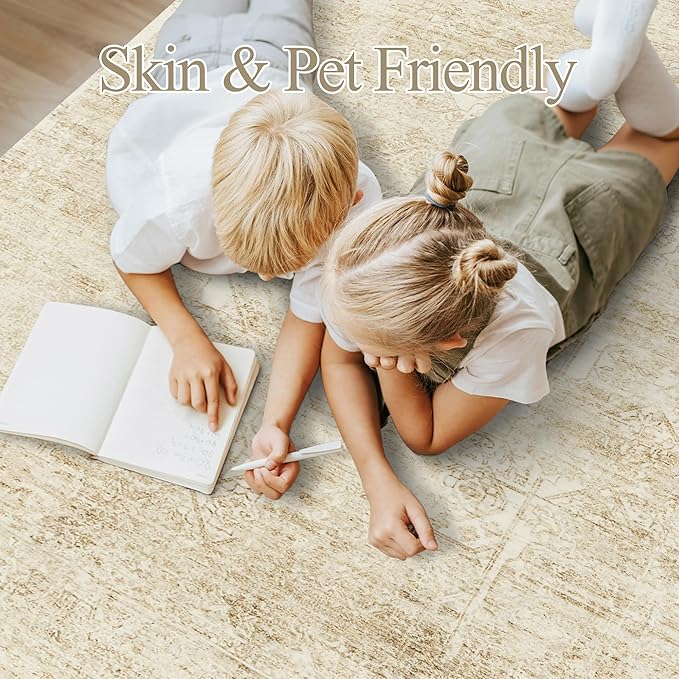 Soalmost Washable Area Rug 10x14, Large Soft Rugs for Living Room Vintage Beige Rug 10x14 Area Rugs for Bedroom Dining Room Floral Non-Slip Thin Rug