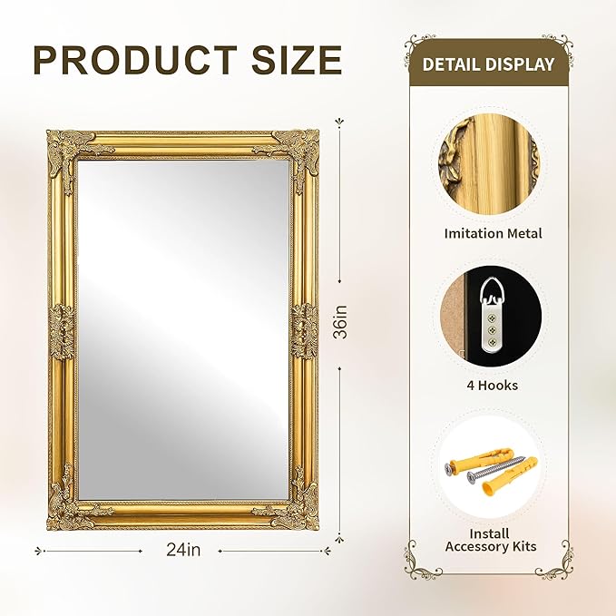 Vintage Gold Mirror for Wall, 24"x36" Antique Decorative Ornate Baroque Mirror for Living Room, Entryway, Bathroom, Fireplace