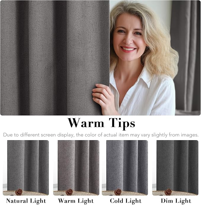 H.VERSAILTEX Primitive Linen Curtains 100% Blackout Curtain Drapes Burlap Fabric Curtains with White Thermal Insulated Liner, Grommet Top Drapes Living Room/Bedroom (2 Panels, 42 x 84 Inch, Grey)