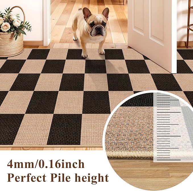 4x6 Jute Area Rug Washable: Non-Slip Indoor Floor Mat - Carpet for Living Room Entryway Kitchen Dining Room - Thin Low Pile Rugs Braided Woven Durable Farmhouse Decor (Black,4x6)