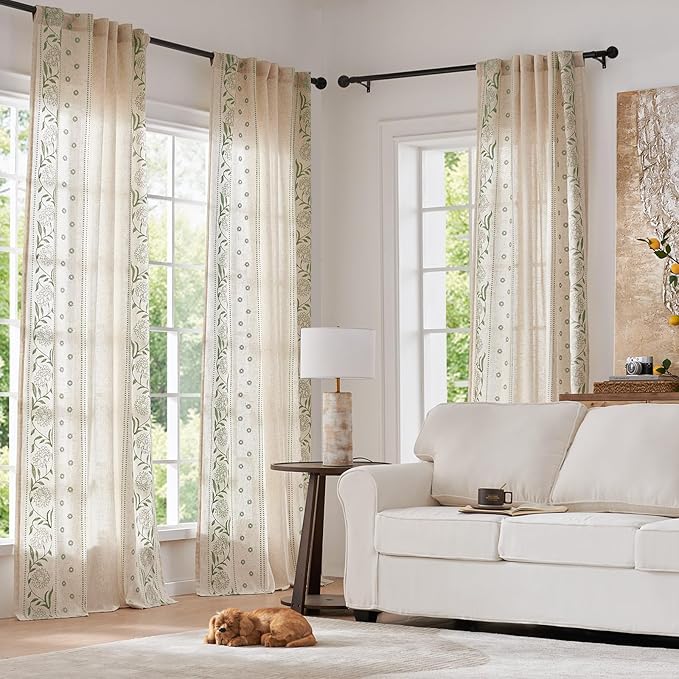 jinchan Winslow Linen Curtains for Bedroom 84 Inches Length Embroidered Bordered Floral Curtains for Living Room Farmhouse Decor Light Filtering Window Treatments Sage on Beige Drapes 2 Panels