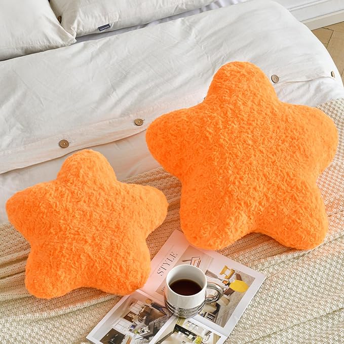 Star Pillow, 19.7" Star Shaped Plush Pillow for Couch Bed Sofa, Cute Decorative Throw Pillows with Soft Faux Fur Room Decor for Bedroom Living Room (Orange)