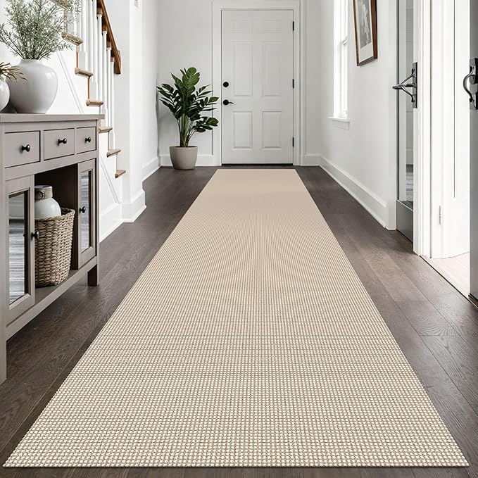 IOHOUZE Washable Exrea Long Hallway Runner Rug 3x14 Non Slip Rubber Backed Kitchen Runner Entryway Runner Indoor, Woven Rugs Floor Carpet for Kitchen Hall Entryway, Beige/Khaki