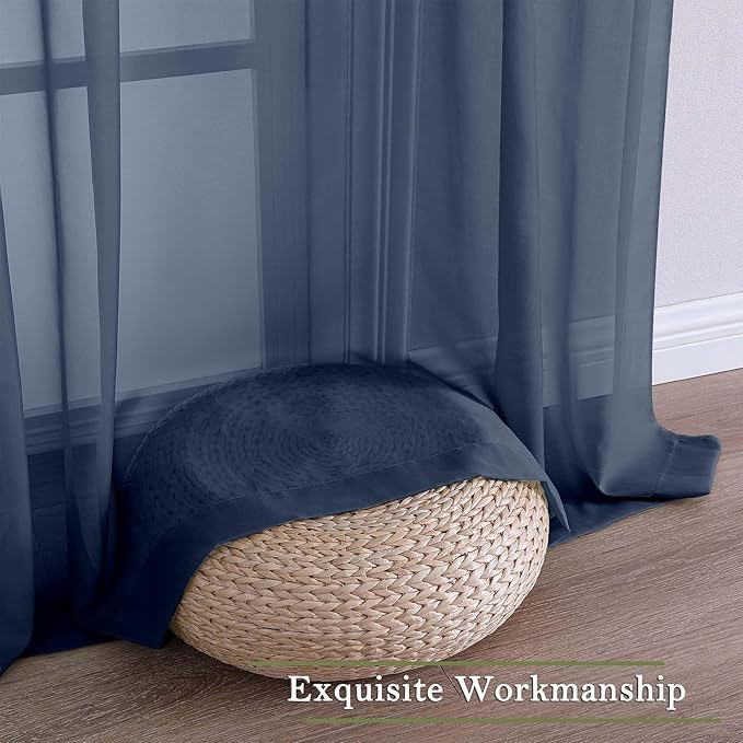 Lecloud Navy Blue Sheer Curtains 108 Inches Long 2 Pcs, Rustic Farmhouse Dual Rod Pocket Window Curtains for Living Room, Bedroom Decor Light Filtering Soft Airy Drapes, Each Panel 59" W x 108" L