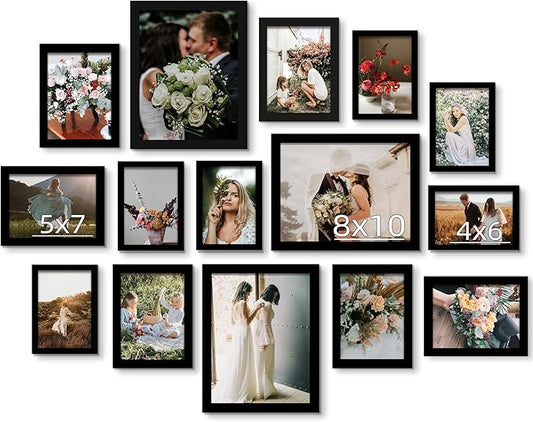BESCRCL 15 Pack Real Glass Picture Frames Collage Wall Decor, Including 3pcs 8x10, 6pcs 5x7, 6pcs 4x6 Photo Frames for Gallery Wall or Tabletop Display, Black