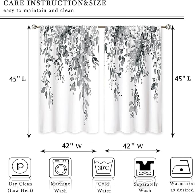 Grey Eucalyptus Botanical Leaves Floral Window Curtains Watercolor Black White Flower Plant Wildflower Farmhouse Curtain Drapes Herb Curtains for Bedroom Living Room Treatment 42Wx45H Inch