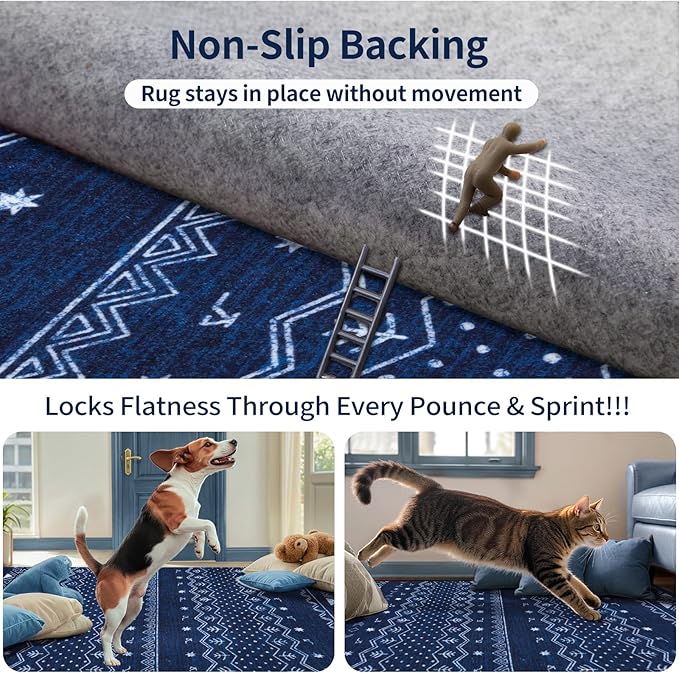 SERISSA 5x7 Area Rugs for Living Room, Washable Non-Slip Blue and White Boho Rug, Soft Low-Pile Geometric Indoor Large Carpet for Dining Room Bedroom Home Office Playroom