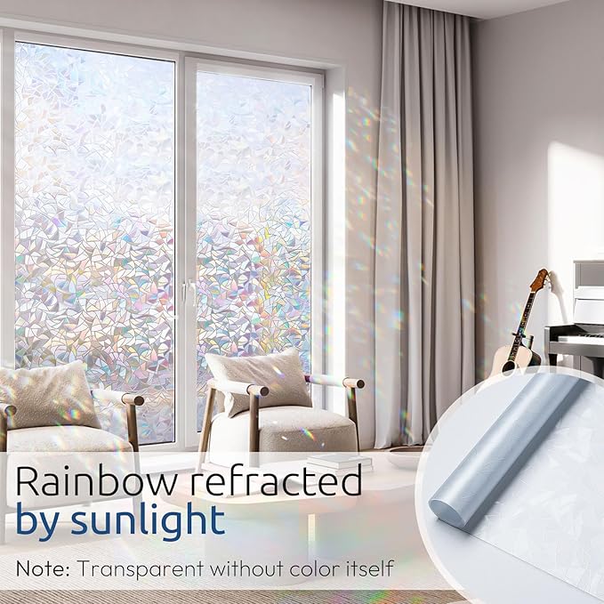 rabbitgoo Window Privacy Film Rainbow Film Decorative Window Sticker, 3D Static Stained Glass Cling Tint for Home Heat Control Non-Adhesive, 29.5 x 157.4 inches