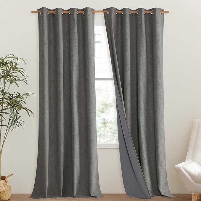 NICETOWN Grizzle Gray Vintage Linen 100% Blackout Curtains for Living Room, Thermal Insulated Curtains 102" Long, Noise Reducing Window Treatment Drapes for Hall Room, 52" Wide Per Panel, Set of 2