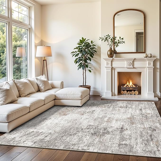5x7 Non-Slip Machine Washable Area Rug - Modern Abstract Neutral Carpet for Living Room, Bedroom, Kitchen, Dining Room, Office - Soft Low Pile Stain-Resistant Rug with Rubber Backing (Beige, Grey)