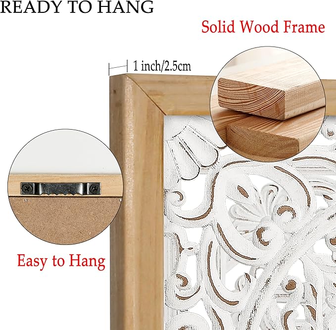 XIAOAIKA Boho Carved Wood Wall Sculpture, Intricate Floral Mandala Design with Distressed White Finish, Vintage Farmhouse Wall Art Panel with Solid Wood Frame for Bedroom Entryway (22.5" x 22.5")