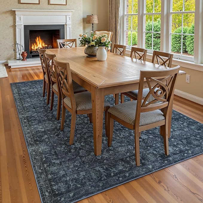 Hedlive Vintage Navy Blue Rugs for Bedroom, Washable Moroccan 5x7 Rug for Living Room Non Slip, Stain Resistant Boho Dining Room Rug for High Traffic Area (5'x7', Blue)
