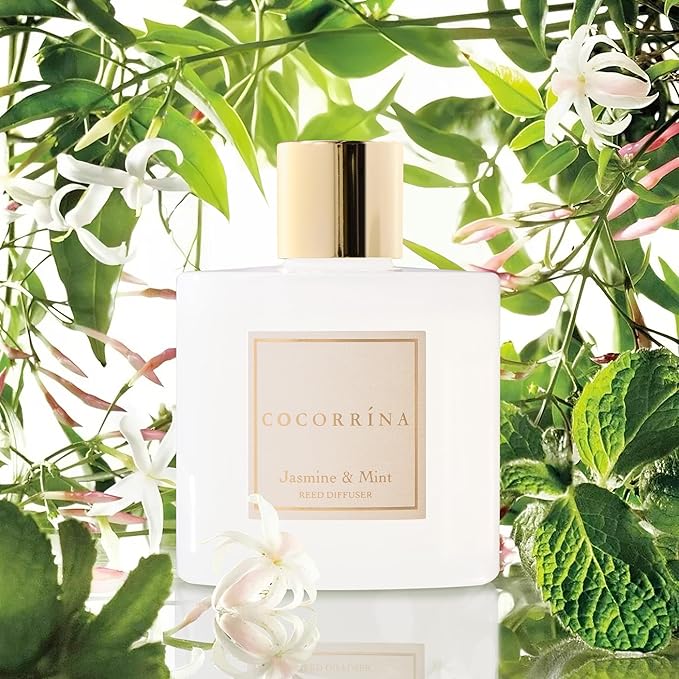 COCORR??NA Reed Diffuser - Jasmine & Mint 6.7 Fl.oz Reed Diffuser Set with Sticks & Preserved Baby's Breath, Reed Diffuser for Home Bathroom Shelf Decor