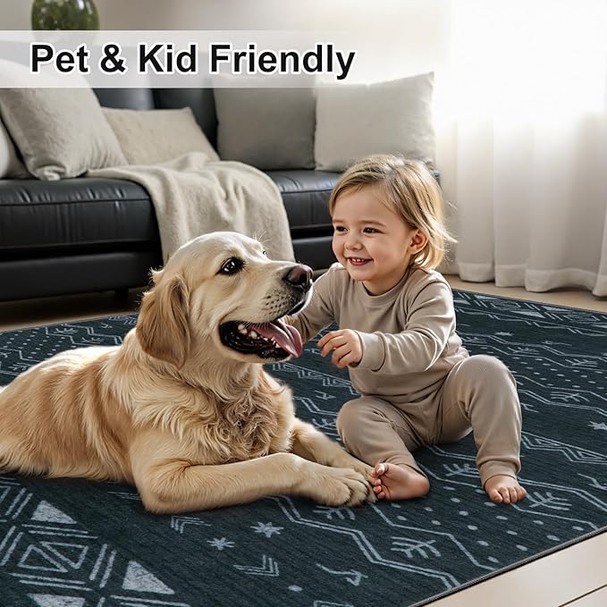 SERISSA 2x5 Kitchen Runner Rug, Washable Non-Slip Grey Boho Rug, Soft Low-Pile Geometric Indoor Carpet for Hallway Laundry Room Bathroom Bedroom Entryway